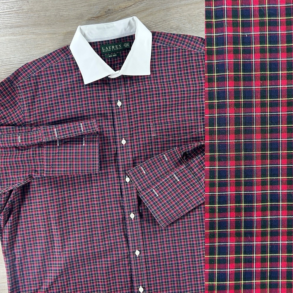 Ralph Lauren Plaid 18 34/35‎ Contrast Collar French Cuffs Christmas Plaid Shirt
